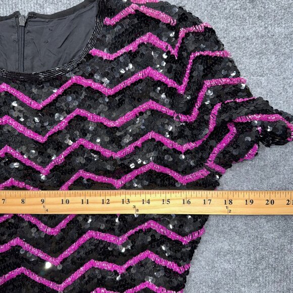 VTG 80s Glam Joan Leslie Black Silk Pink Chevron Sequin Dress Cocktail Size S? - Picture 9 of 15